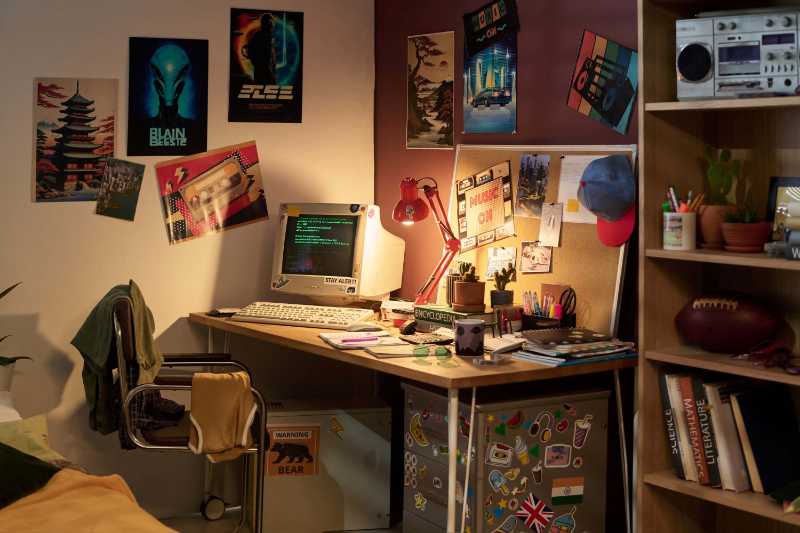 Retro-Computer-Setup mit Vintage-Postern und Dekor