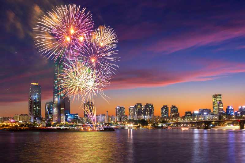 Seoul fireworks festival in night city at yeouido south korea