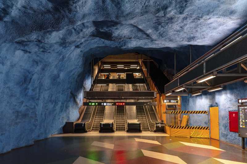 Stockholm Metro Blue Cave Art Station Escalator View