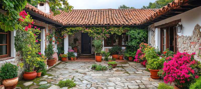 Stone yard with flower pots and green plants