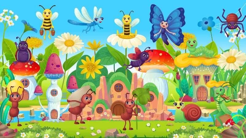 タンポポ、キンポウゲ、昆虫、キノコのある野原の夏の風景