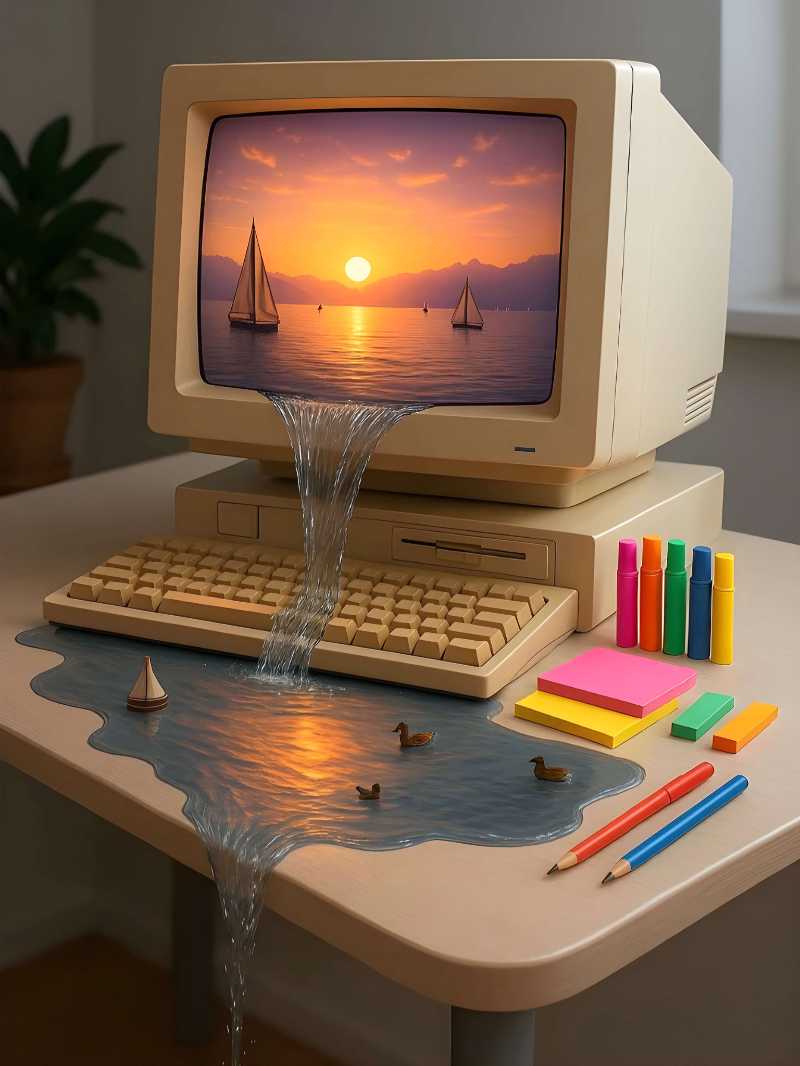 sunset seascape overflowing from vintage computer screen