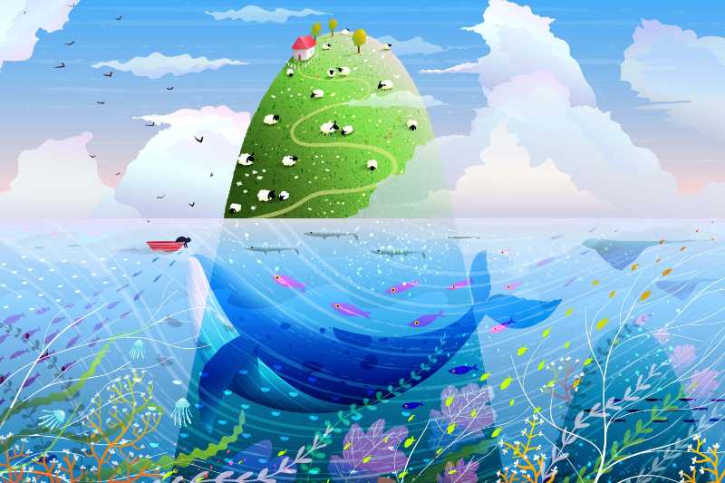 Surreal Whale Island Illustration A Harmony of Green Pastures and Deep Ocean Life