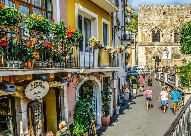 Taormina Street View Sicily Italian Village and Medieval Tower