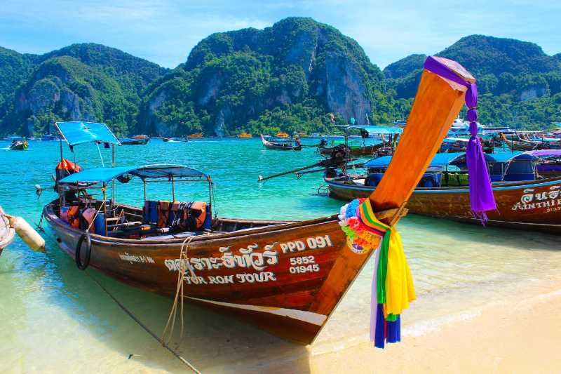 Thailand Longtail Boat on Phi Phi Island Beach Tropical Scenery