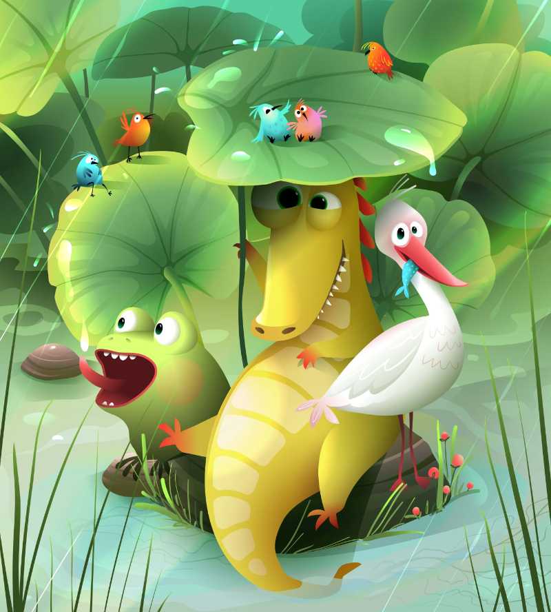 The crocodile used a giant lotus leaf as an umbrella