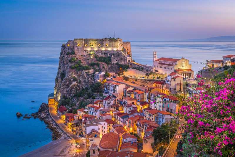 The Mediterranean coast at dusk in Scilla Calabria
