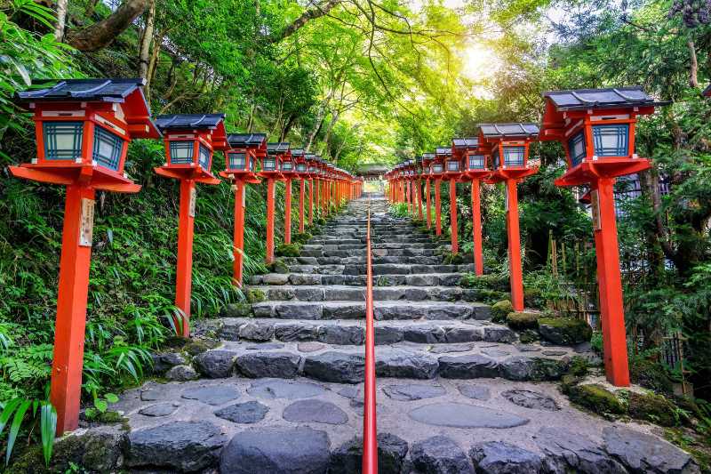The red traditional light pole at kifune shrine kyoto in japan