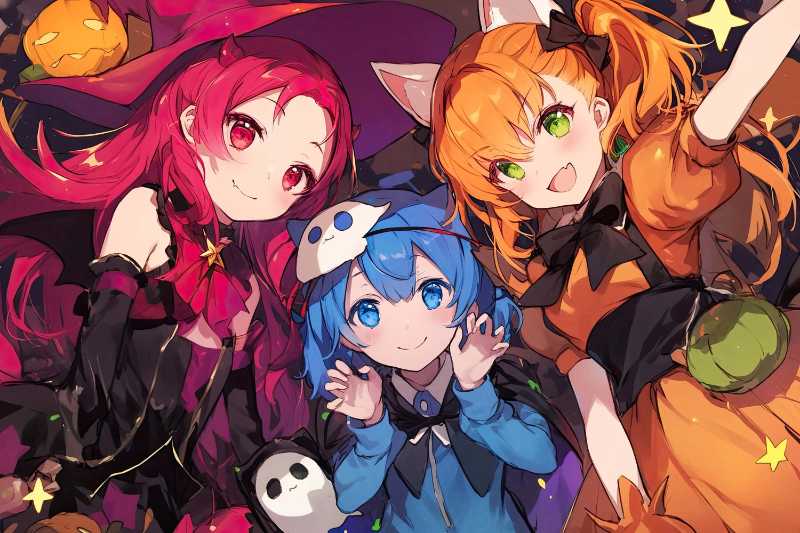 Drei Anime-Mädchen in Halloween-Kostümen lächeln zusammen