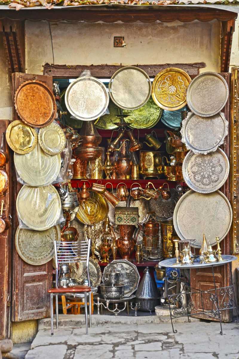 Traditional moroccan metalwork shop in fes