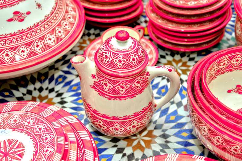 traditional moroccan red pottery in fes market