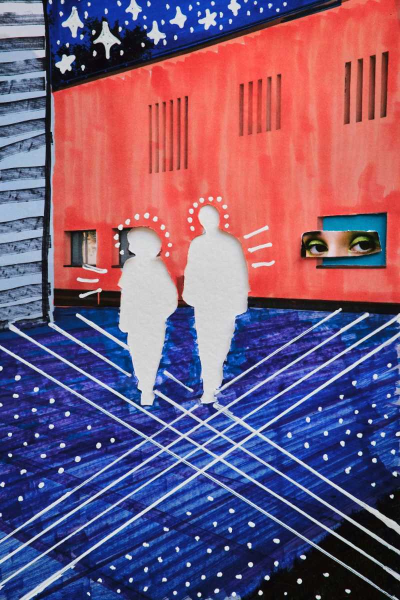 Two figures stand on a patterned blue surface