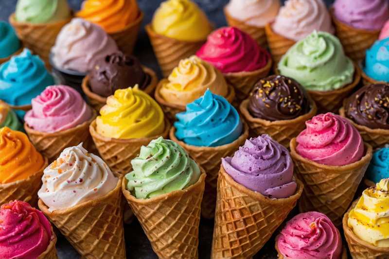 Une variété de cornets de glace sont disposés sur une table