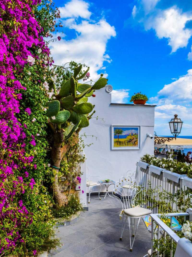 Veranda surrounded by green cactus and pink bougainvillea