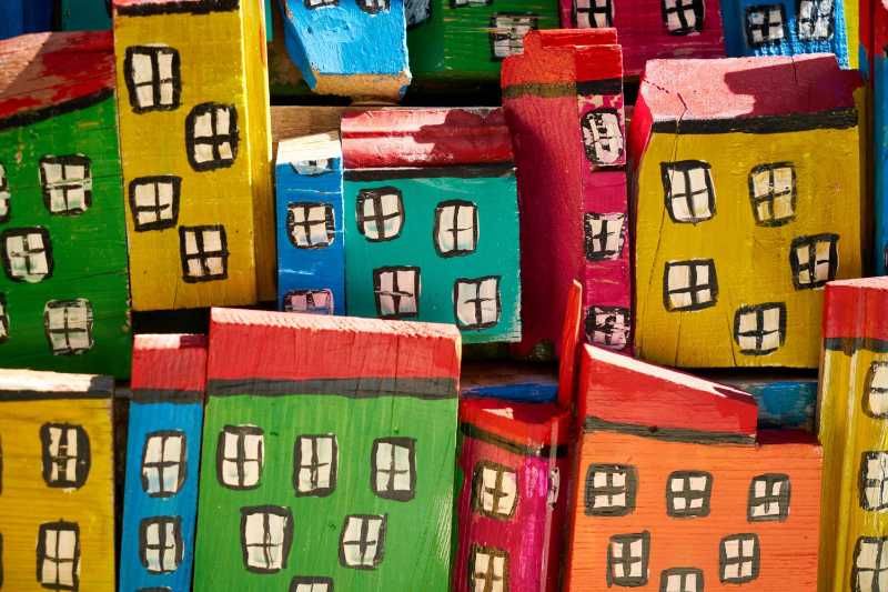 Vibrant Abstract Miniature Wooden Houses Art