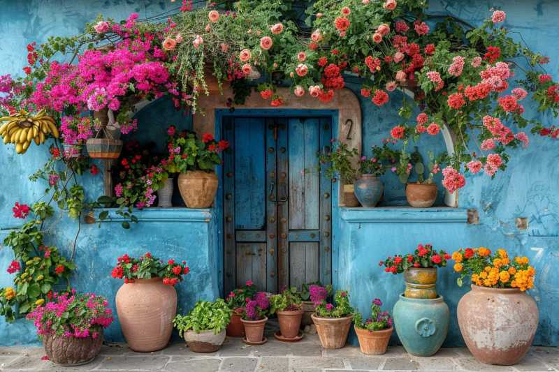 Vibrant Blue House with Potted Plants in Mexico