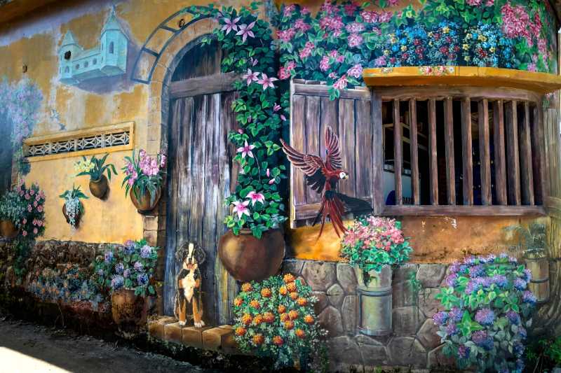 Vibrant Flower and Bird Paintings on Old House Facade