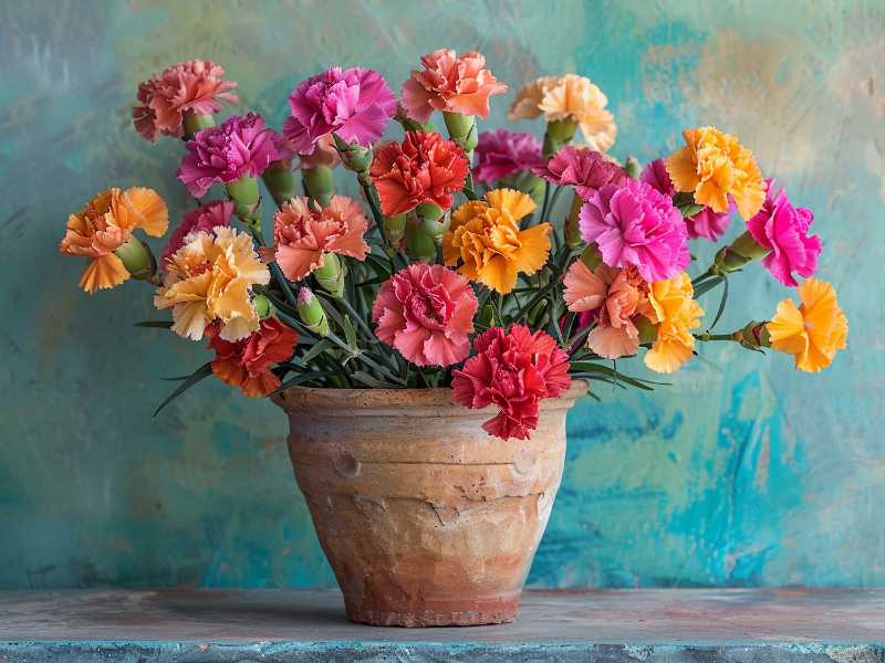 Œillets multicolores vibrants dans un pot en argile rustique