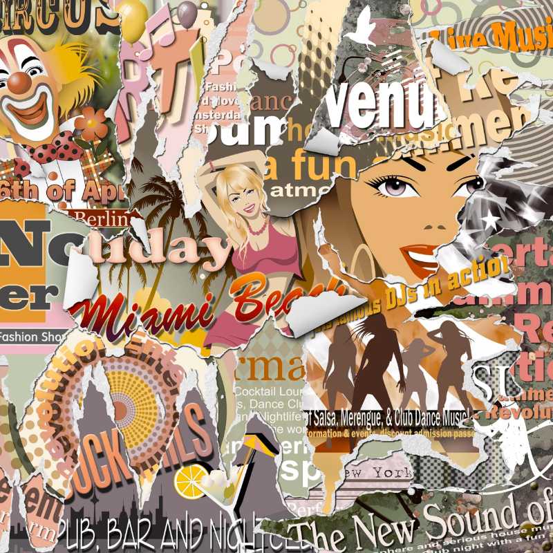 Collage de style Pop Art dynamique avec des éléments publicitaires rétro