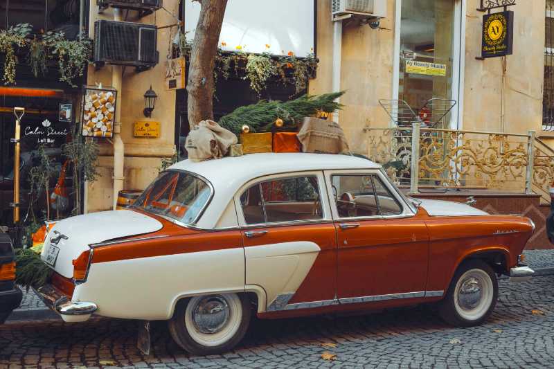 Vintage car decorated for holidays