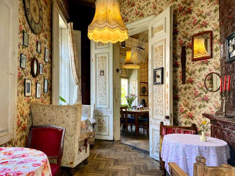 vintage floral cafe interior with antique decor