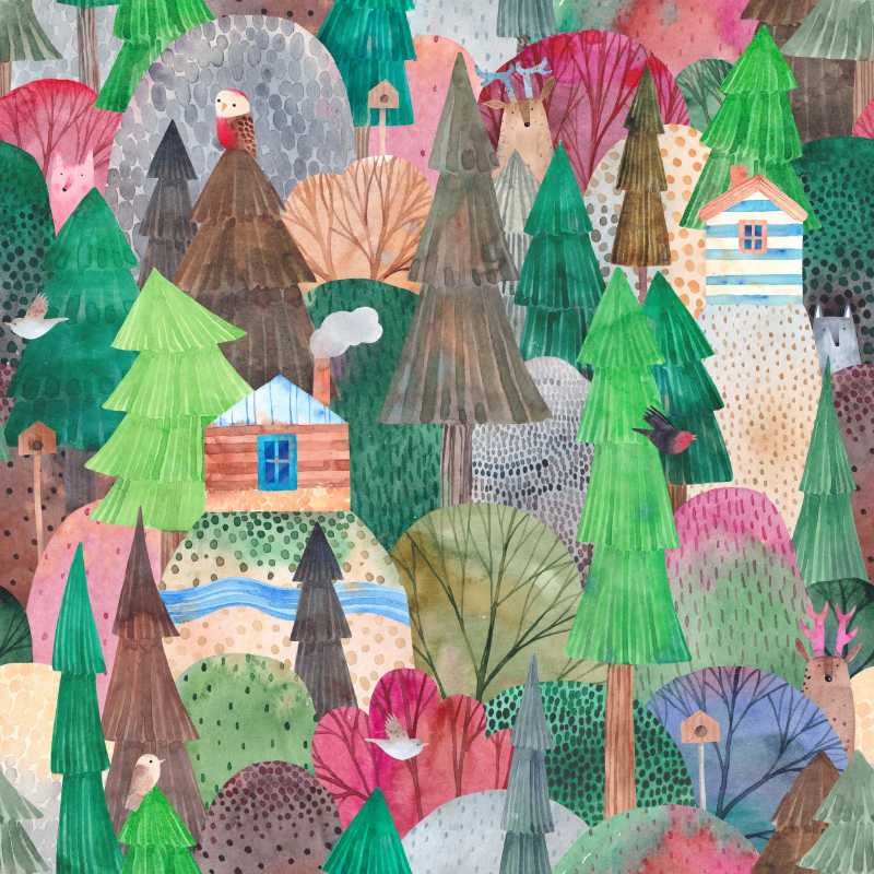 Aquarelllandschaft süße Tiere im Wald