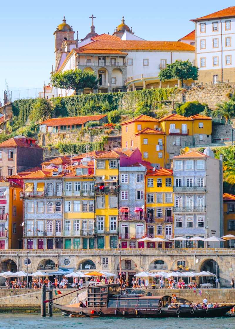 Waterfront view of colorful buildings in porto portugal