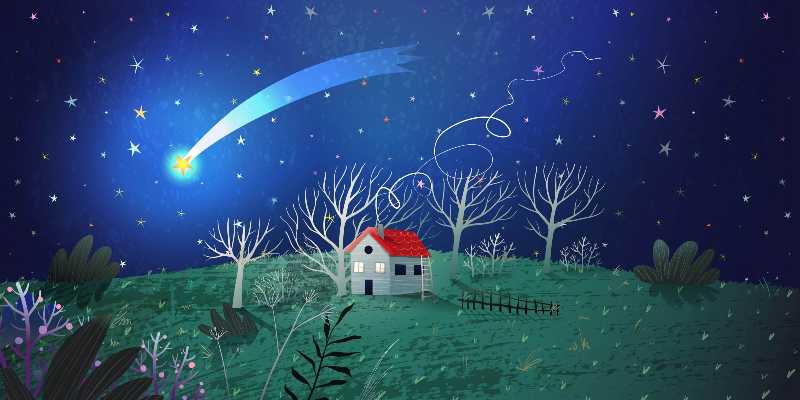 Whimsical Night Sky Illustration with Shooting Star and Cozy Cottage