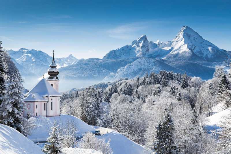 Winter Wonderland Bavaria Church and Watzmann Mountain Snow View