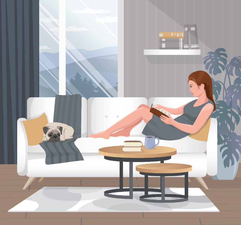 woman reading living room girl dog - jigsaw puzzle